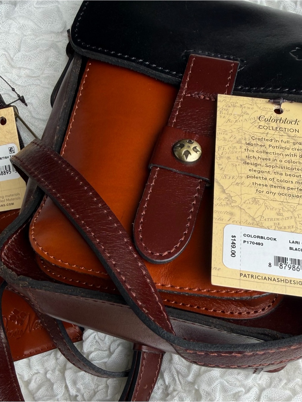 Patricia Nash Black and Cognac Leather Crossbody Lari model new with tags